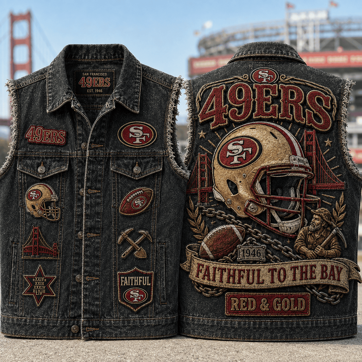 San Francisco 49ers Faithful To The Bay Denim Vest SF 49ers Merch Present For Football Fans - Kdjoy San Francisco 49ers Faithful To The Bay Denim Vest SF 49ers Merch Present For Football Fans - Kdjoy