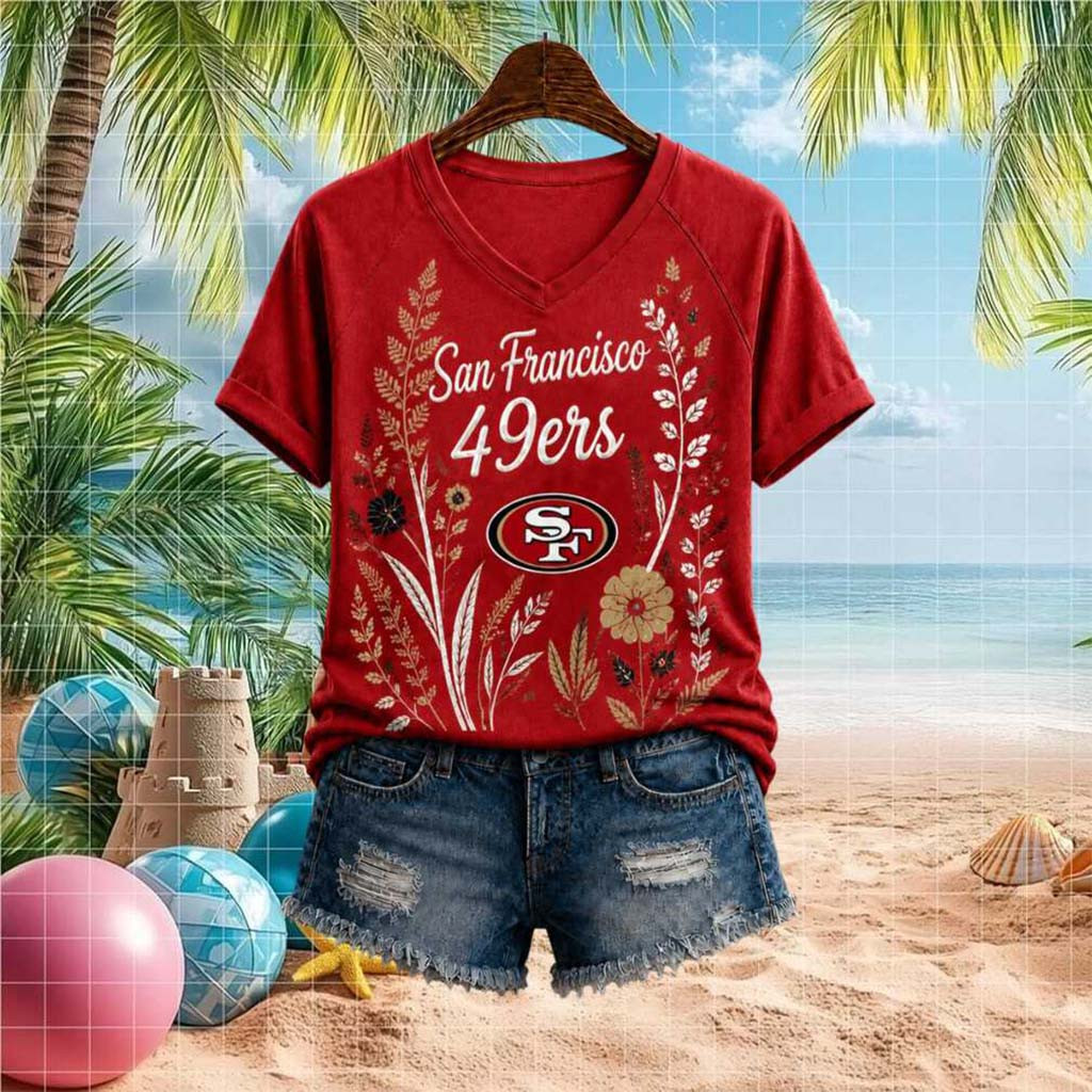 San Francisco 49ers Floral Boho V-Neck Shirt SF 49ers Merch Women's Game Day Clothing For Fans - Kdjoy