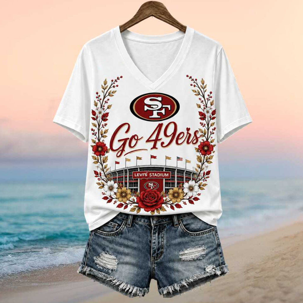 San Francisco 49ers Football Stadium Floral Wreath V-Neck Shirt SF 49ers Merch Game Day Gifts - Kdjoy