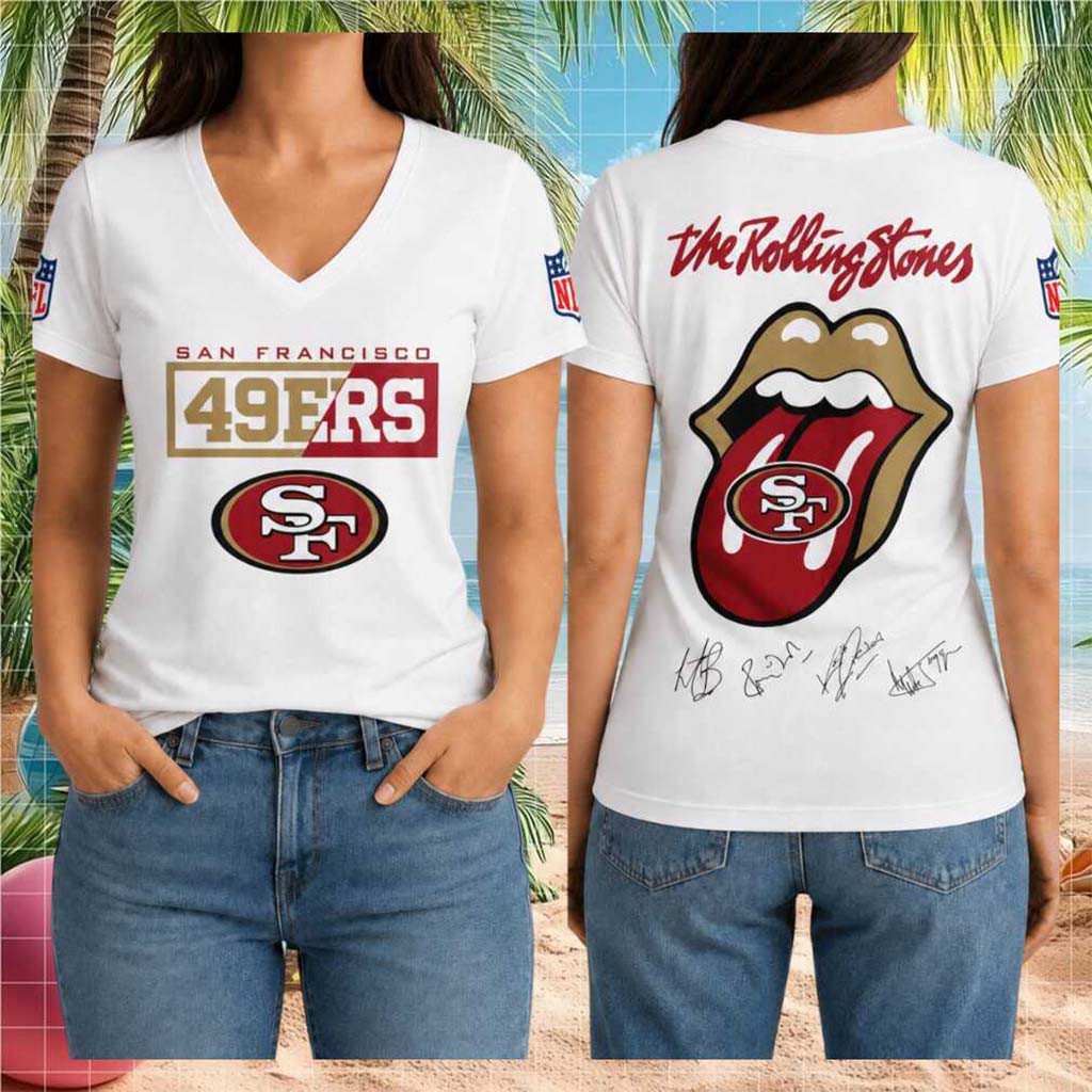 San Francisco 49ers Rolling Stones Tongue Music Logo V-Neck Shirt SF 49ers Merch Gift For Fans - Kdjoy San Francisco 49ers Rolling Stones Tongue Music Logo V-Neck Shirt SF 49ers Merch Gift For Fans - Kdjoy