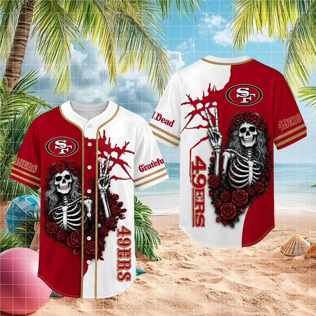 San Francisco 49ers Skeleton Grateful Roses Baseball Jersey 49ers Merch Gifts For Father - Kdjoy San Francisco 49ers Skeleton Grateful Roses Baseball Jersey 49ers Merch Gifts For Father - Kdjoy