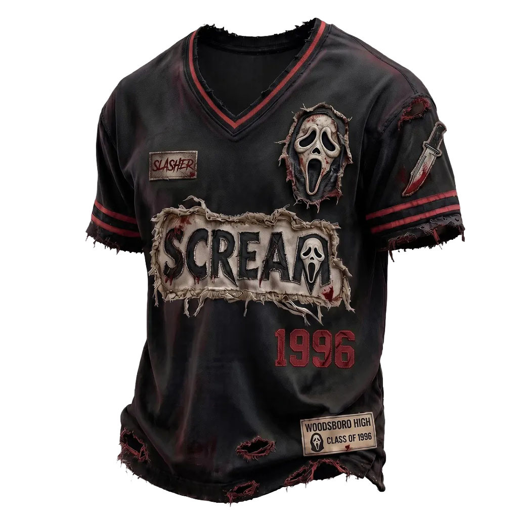 Scream Ghostface Slasher Horror Movie V-Neck T-Shirt 2026 Scream Merch Gifts For Horror Lovers - Kdjoy Scream Ghostface Slasher Horror Movie V-Neck T-Shirt 2026 Scream Merch Gifts For Horror Lovers - Kdjoy