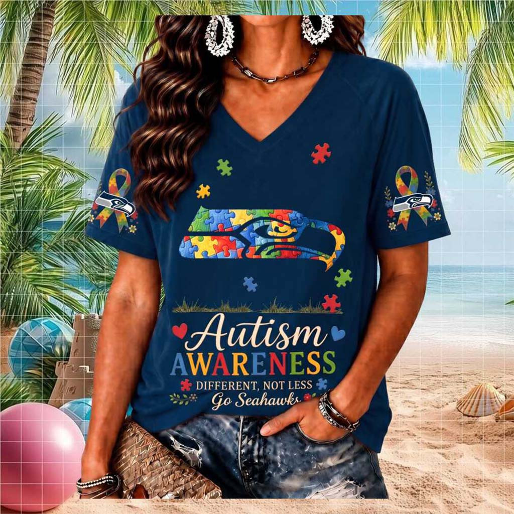 Seattle Seahawks Autism Awareness Puzzle Piece V-Neck Shirt Seattle Seahawks Merch Gift For Her - Kdjoy