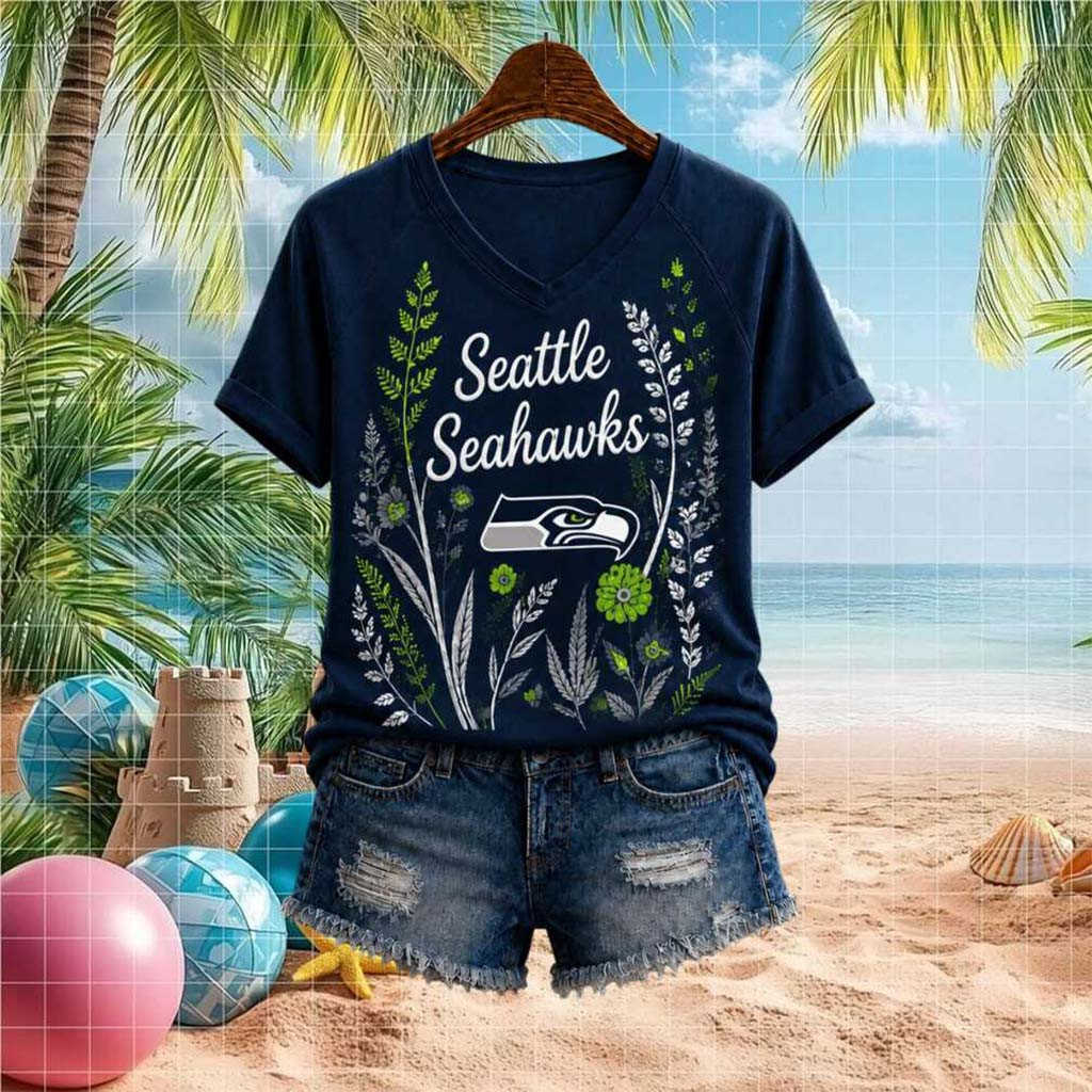Seattle Seahawks Floral Nature Graphic V-Neck Shirt Seattle Seahawks Merch Football Fan Gifts - Kdjoy Seattle Seahawks Floral Nature Graphic V-Neck Shirt Seattle Seahawks Merch Football Fan Gifts - Kdjoy