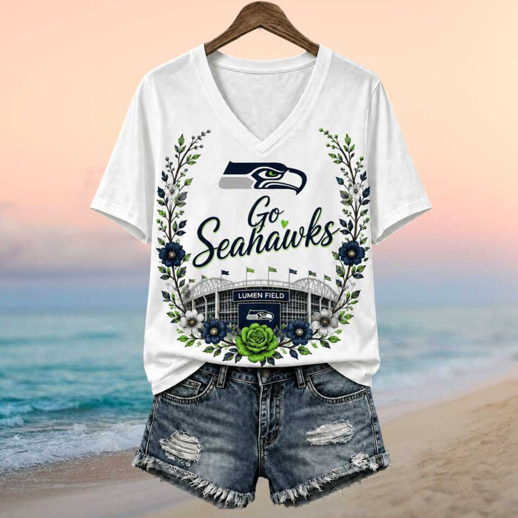 Seattle Seahawks Merch Stadium Floral Wreath Go Seahawks Football V-Neck Shirt Gift For Fans - Kdjoy