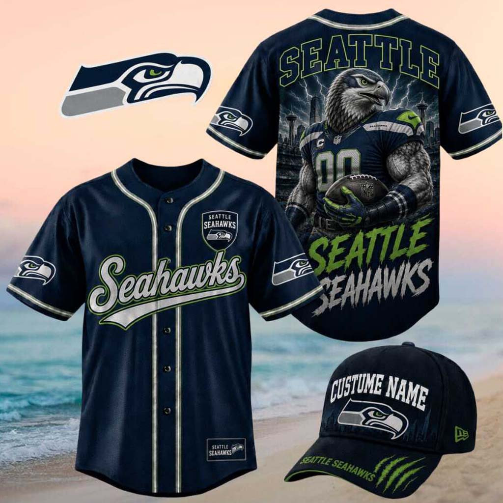 Seattle Seahawks Muscular Hawk Mascot Lightning Baseball Jersey Seahawks Merch Son Gifts
