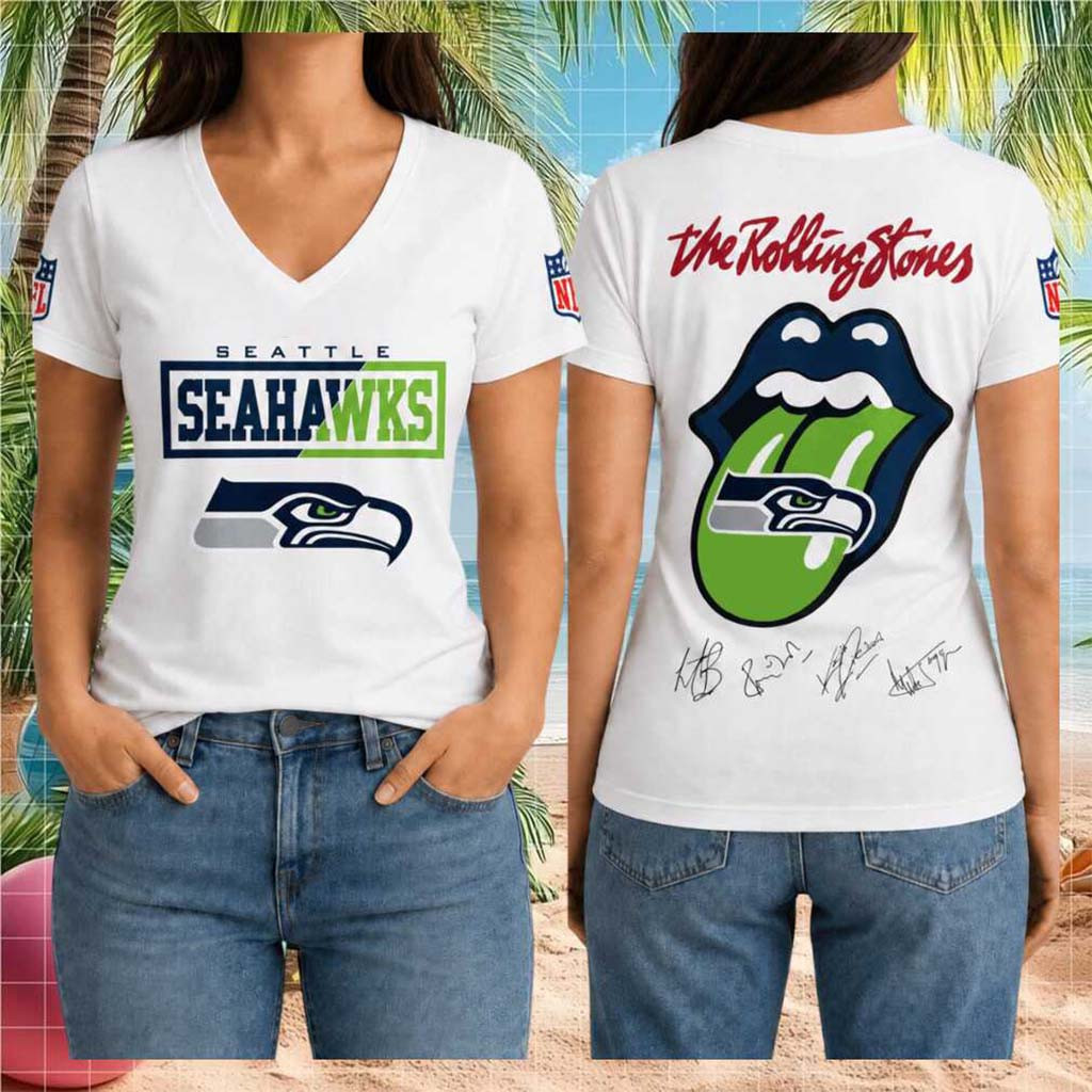 Seattle Seahawks Rolling Stones Band Graphic V-Neck Shirt Seattle Seahawks Merch Fan Gifts - Kdjoy