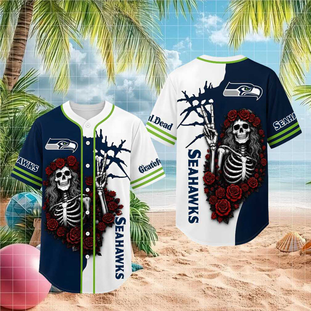 Seattle Seahawks Skeleton Grateful Roses Baseball Jersey Seahawks Merch Gifts For Fan - Kdjoy