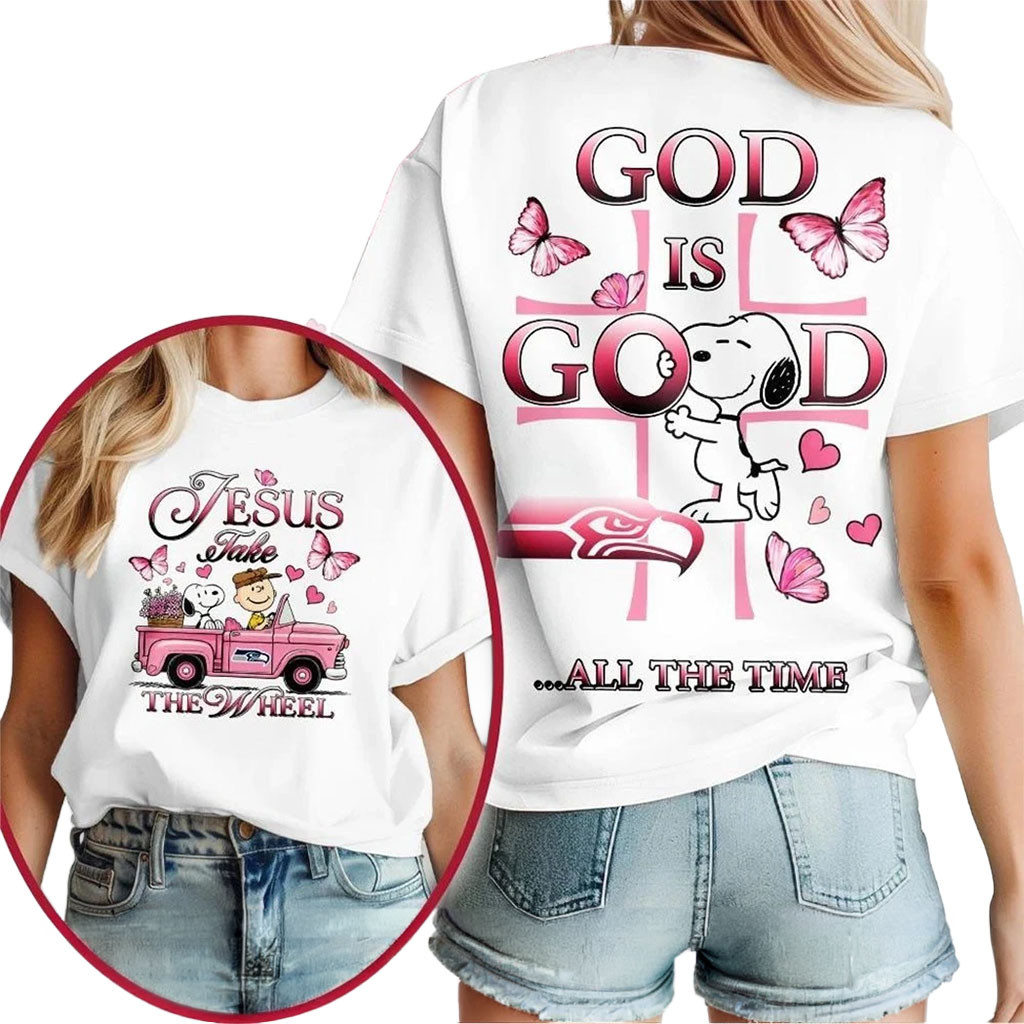 Seattle Seahawks Snoopy Jesus Take The Wheel God Is Good Shirt Seahawks Merch Christian Gifts - Kdjoy