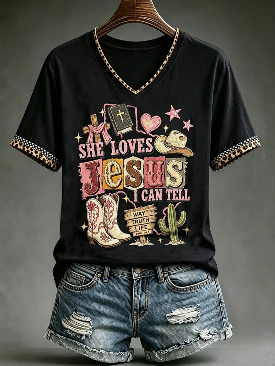 She Loves Jesus I Can Tell V-Neck Shirt Western Themed Faith Based Outfit Present For Sisters - Kdjoy She Loves Jesus I Can Tell V-Neck Shirt Western Themed Faith Based Outfit Present For Sisters - Kdjoy