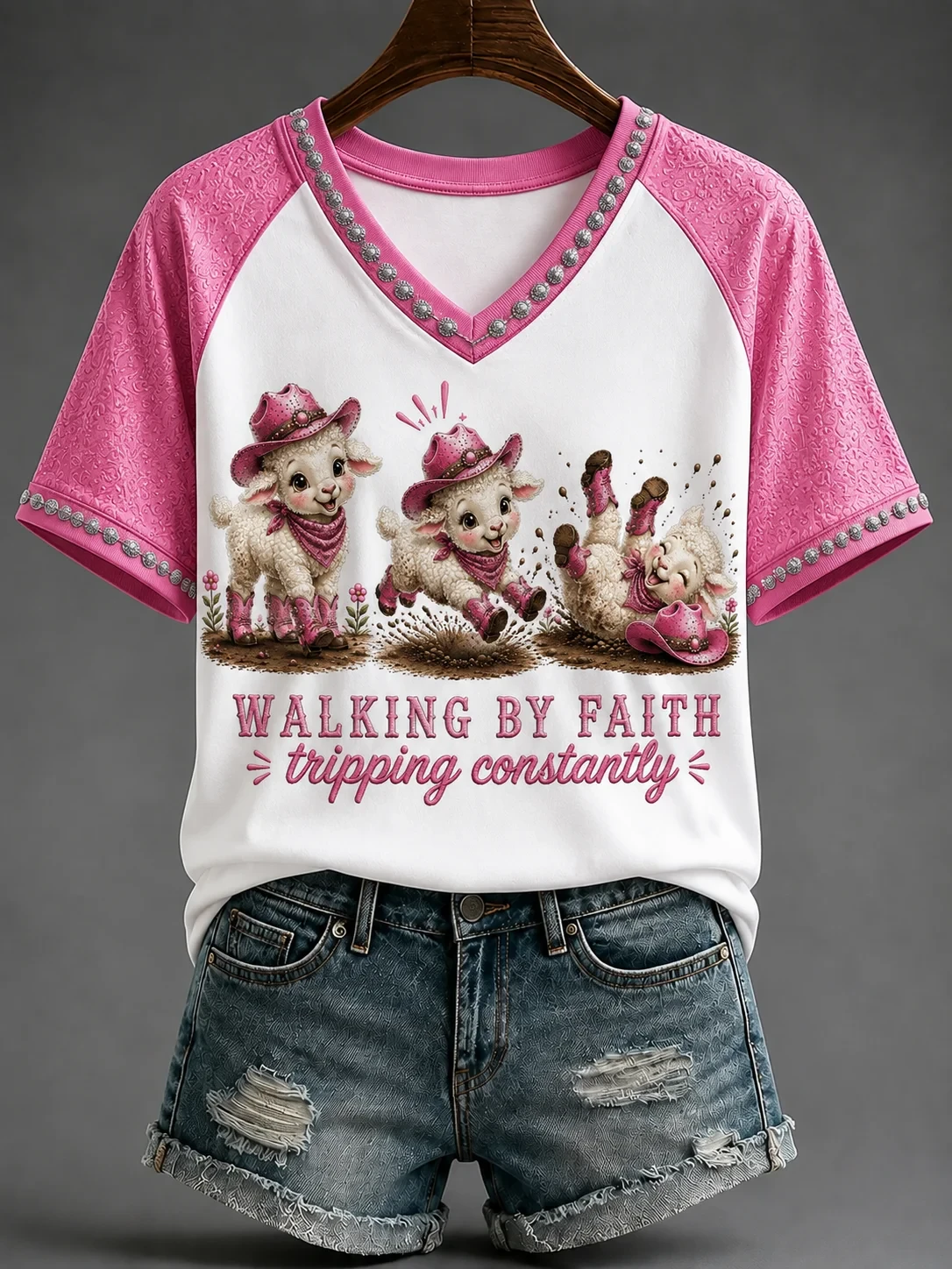 Sheep Walking By Faith Tripping Constantly V-Neck Shirt Adorable Animal Shirt Christian Gifts - Kdjoy Sheep Walking By Faith Tripping Constantly V-Neck Shirt Adorable Animal Shirt Christian Gifts - Kdjoy