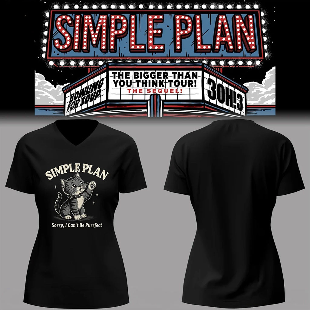 Simple Plan Bigger Than You Think Tour Merch 2026 Cat Sorry I Can't Be Purrfet V-Neck Shirt - Kdjoy Simple Plan Bigger Than You Think Tour Merch 2026 Cat Sorry I Can't Be Purrfet V-Neck Shirt - Kdjoy