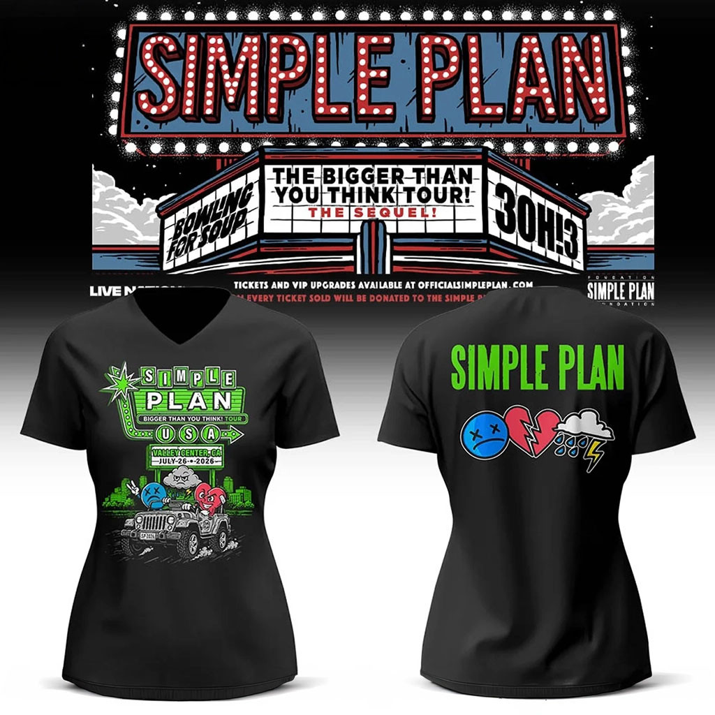 Simple Plan Merch Bigger Than You Think Tour In Valley Center CA V-Neck T-Shirt Gifts For Fan - Kdjoy