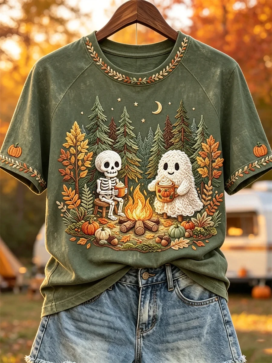 Skeleton And Ghost Camping T-Shirt Halloween Autumn Merch Unique Gift For Women - Kdjoy