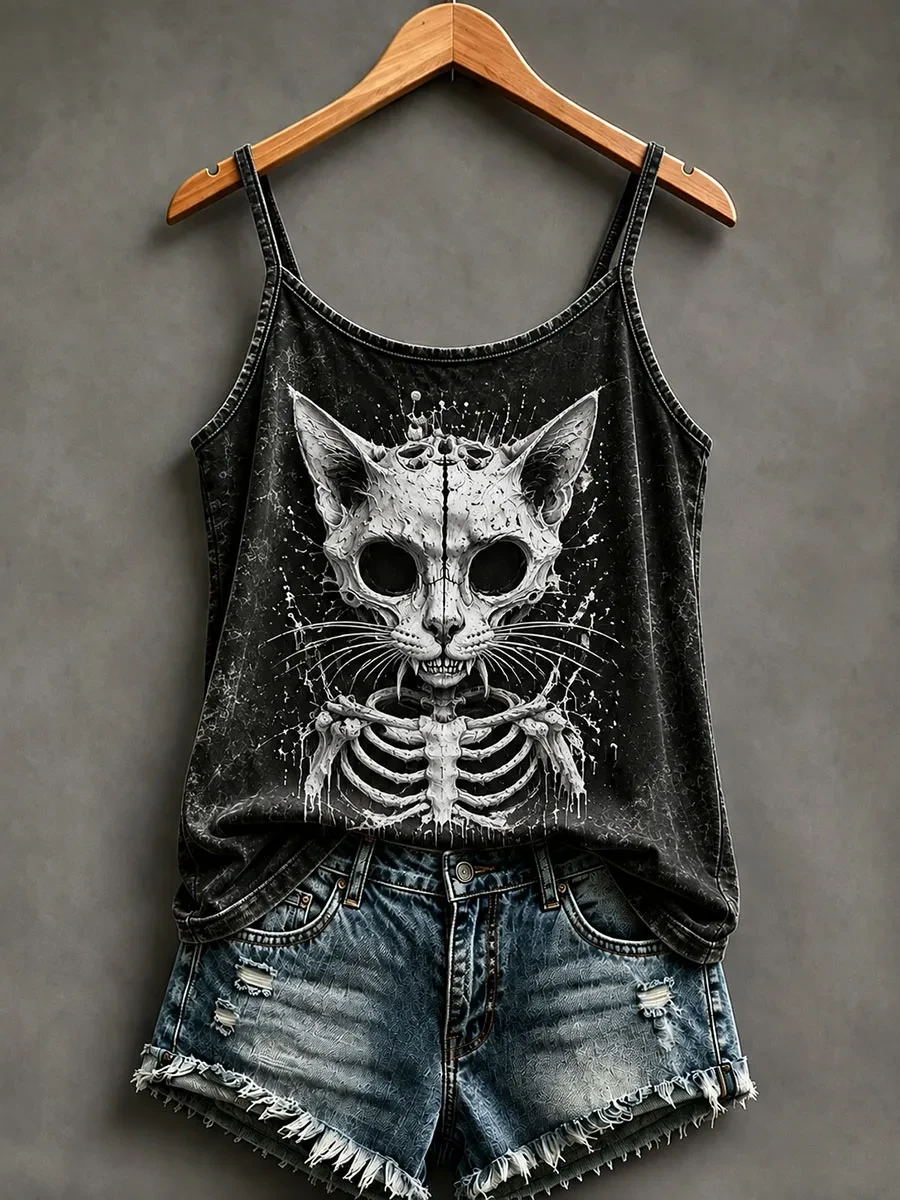 Skeleton Cat Tank Top Halloween Spooky Clothes Halloween Lover Gift - Kdjoy