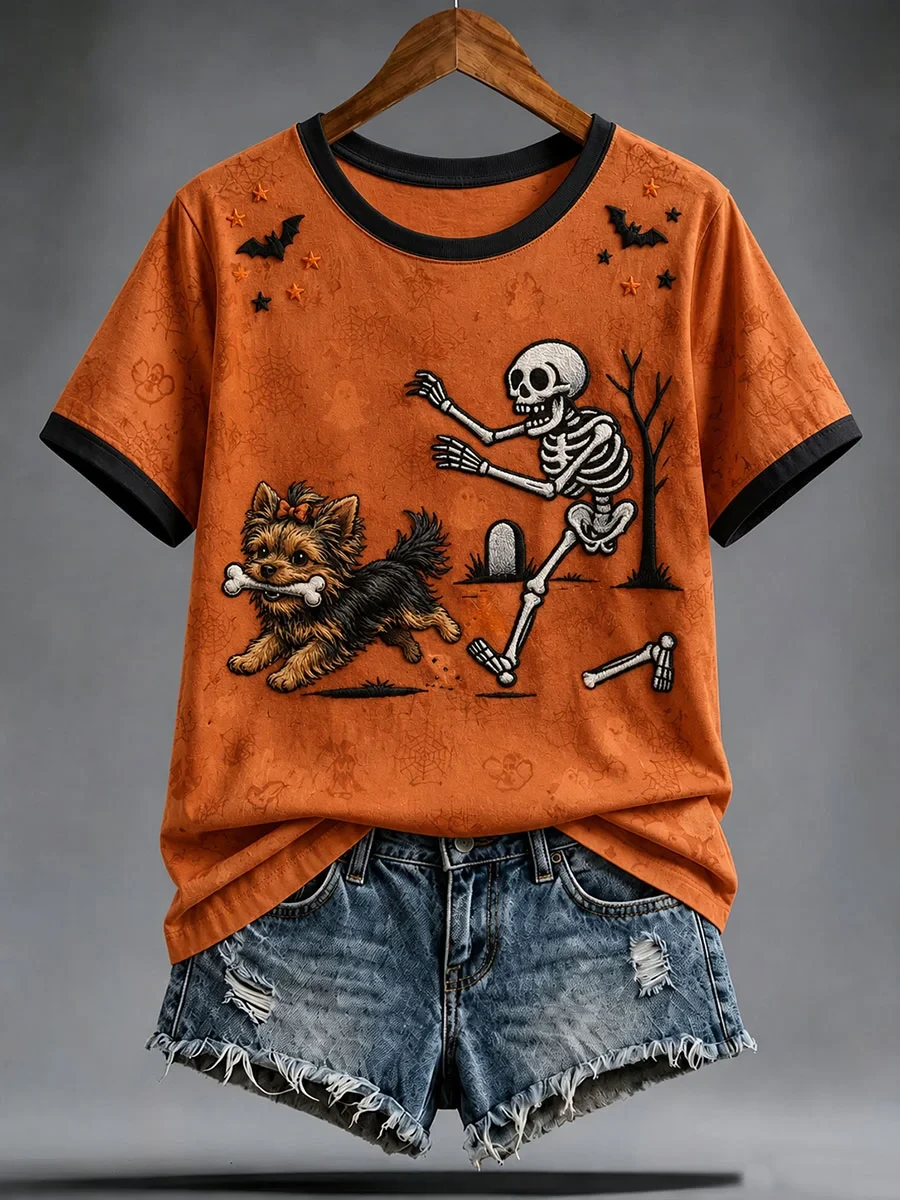 Skeleton Chasing Dog With Bone T-Shirt Halloween Spooky Merch Birthday Ideas For Women - Kdjoy Skeleton Chasing Dog With Bone T-Shirt Halloween Spooky Merch Birthday Ideas For Women - Kdjoy