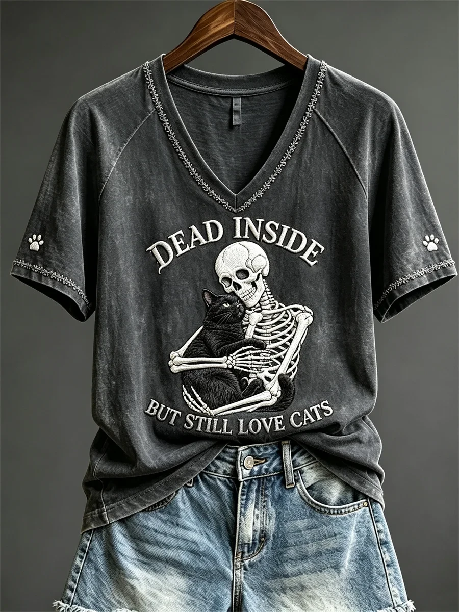 Skeleton Dead Inside But Still Love Cats V-Neck Shirt Halloween Apparel Gift For Cat Mom - Kdjoy Skeleton Dead Inside But Still Love Cats V-Neck Shirt Halloween Apparel Gift For Cat Mom - Kdjoy