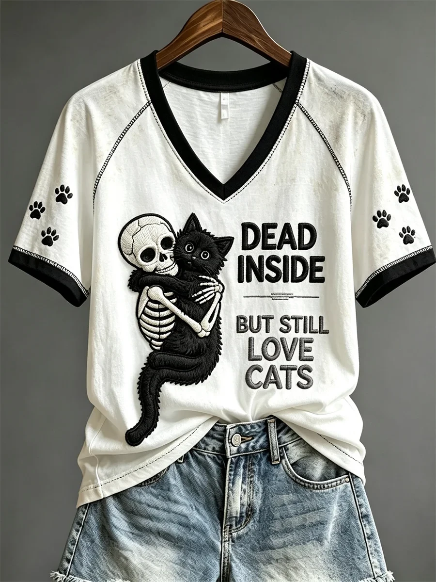 Skeleton Dead Inside But Still Love Cats V-Neck Shirt Halloween Apparel Women's Cat Lover Gifts - Kdjoy Skeleton Dead Inside But Still Love Cats V-Neck Shirt Halloween Apparel Women's Cat Lover Gifts - Kdjoy