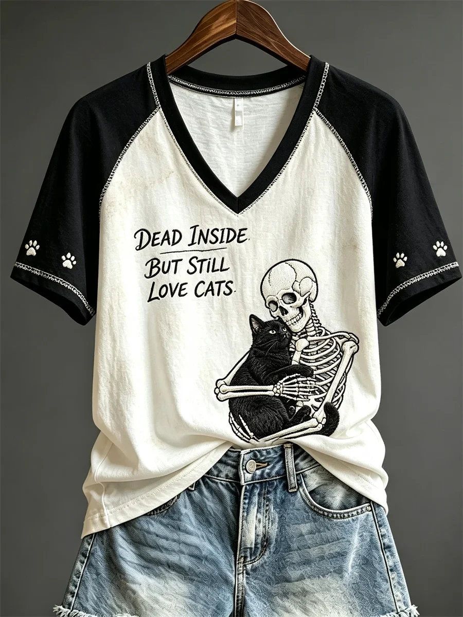 Skeleton Dead Inside But Still Love Cats V-Neck Shirt Halloween Outfit Gift for Cat Lovers - Kdjoy