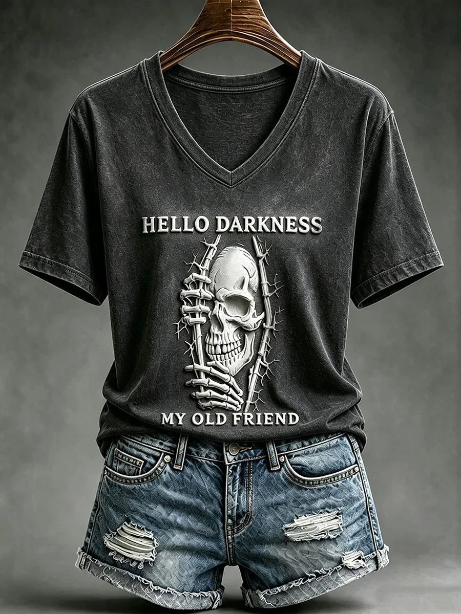 Skeleton Hello Darkness My Old Friend V-Neck Shirt Halloween Apparel Gifts For Wife - Kdjoy
