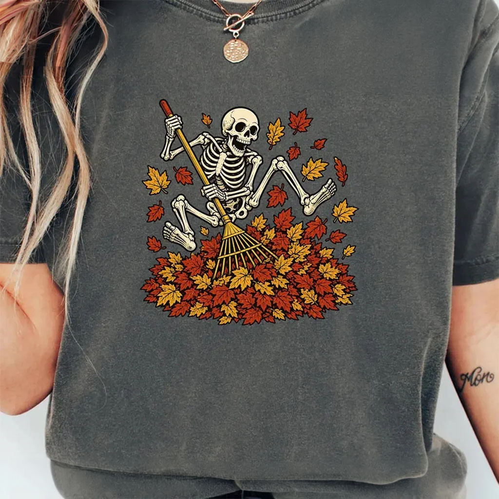 Skeleton Jumping In Fall Leaves Shirt Funny Halloween Shirt Spooky Autumn Gifts For Her - Kdjoy