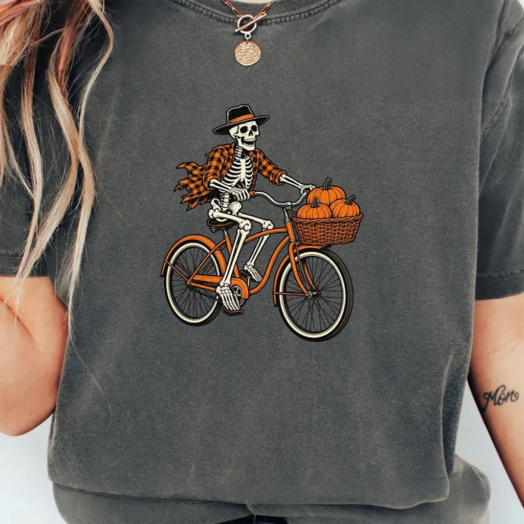 Skeleton Riding Bike With Pumpkins Shirt Vintage Halloween Shirt Cute Fall Spooky Season Gifts - Kdjoy Skeleton Riding Bike With Pumpkins Shirt Vintage Halloween Shirt Cute Fall Spooky Season Gifts - Kdjoy