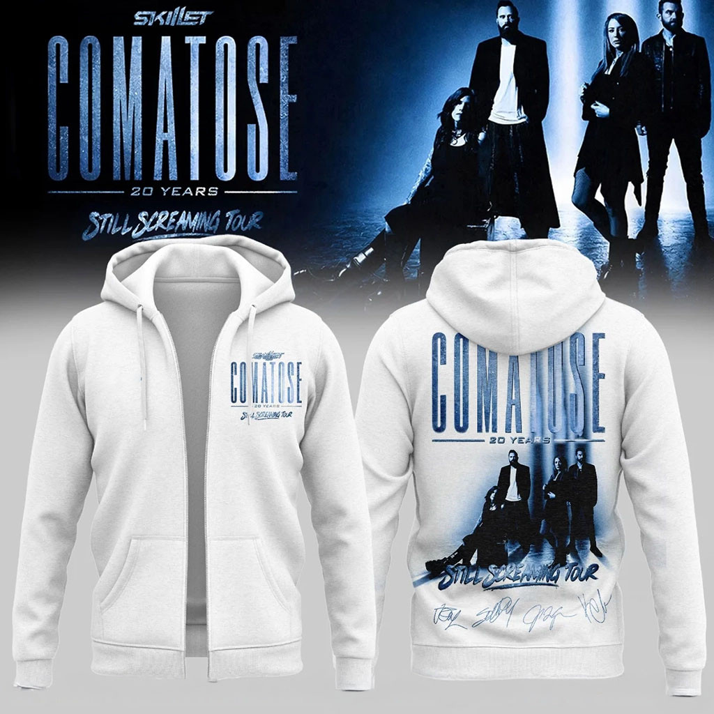 Skillet Comatose Still Screaming Tour Zip Hoodie White 20 Years Skillet Merch 2026 Fans Gifts - Kdjoy Skillet Comatose Still Screaming Tour Zip Hoodie White 20 Years Skillet Merch 2026 Fans Gifts - Kdjoy