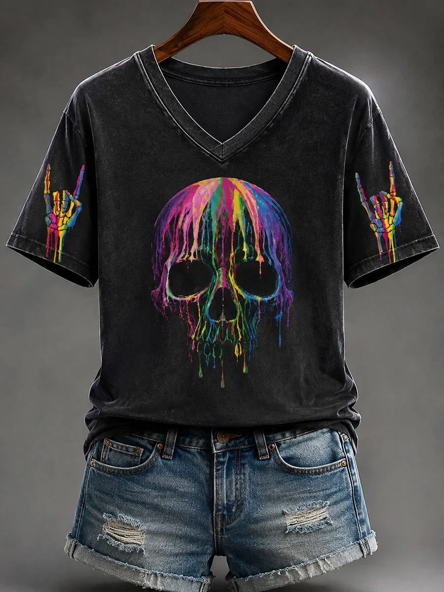 Skull Halloween Street Style V-Neck Shirt Halloween Themed Apparel Gift For Besties - Kdjoy