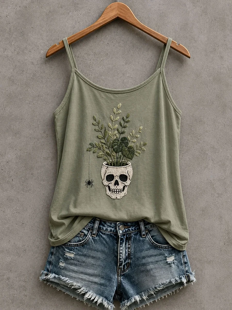 Skull Planter With Spider Tank Top Halloween Spooky Clothing Best Women Halloween Outfit - Kdjoy