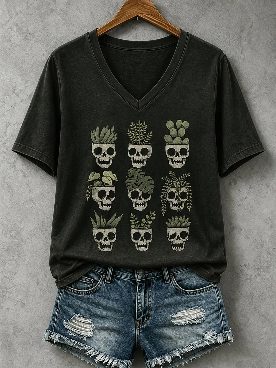 Skull Potted Plant V-Neck Shirt Good Halloween Outfits Gifts For Plant Lovers - Kdjoy