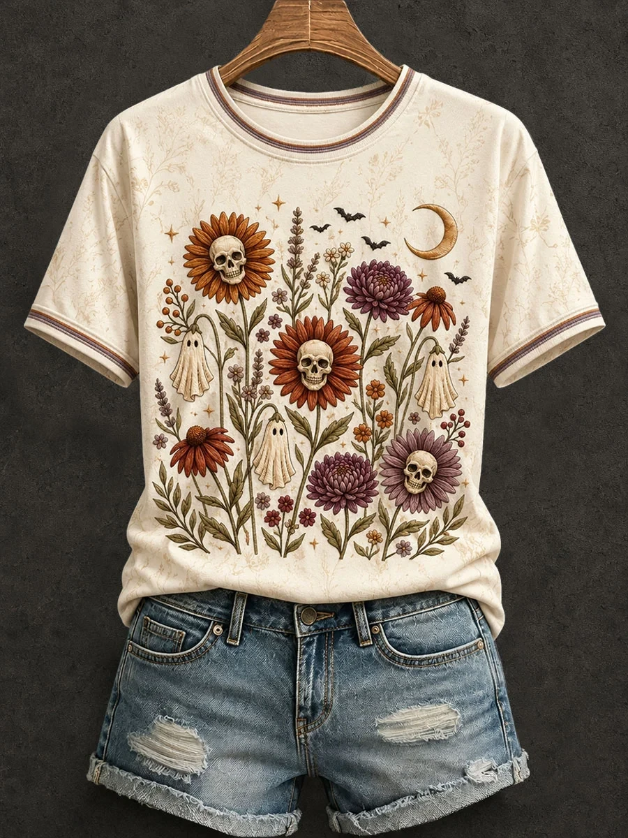 Skull Sunflower Halloween Shirt Vintage Botanical Spooky Floral T-Shirt Halloween Gift Ideas - Kdjoy