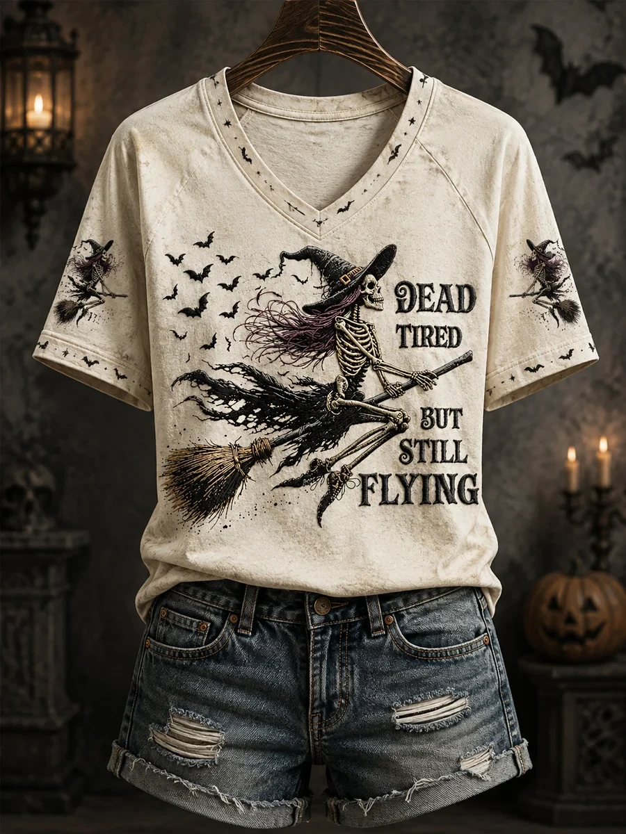 Skull Witch Dead Tired But Still Flying V-Neck Shirt Funny Halloween Apparel Gift For Sisters - Kdjoy