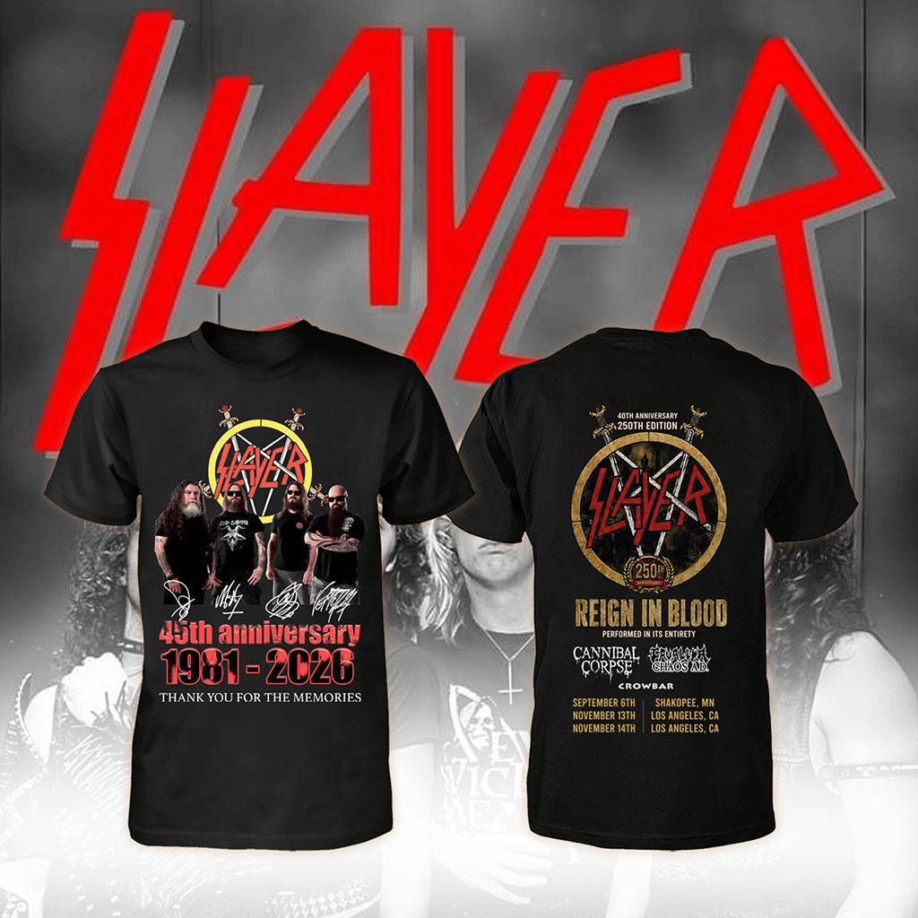 Slayer 45th Anniversary Shirt Reign in Blood Tour Dates T-Shirt Slayer Heavy Metal Band Merch - Kdjoy Slayer 45th Anniversary Shirt Reign in Blood Tour Dates T-Shirt Slayer Heavy Metal Band Merch - Kdjoy