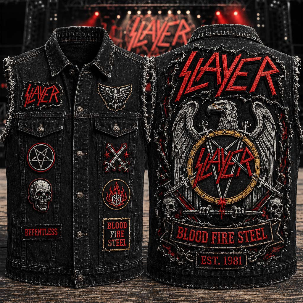 Slayer Blood The Steel Denim Vest Repentless Slayer Band Merch Present For Music Fans - Kdjoy