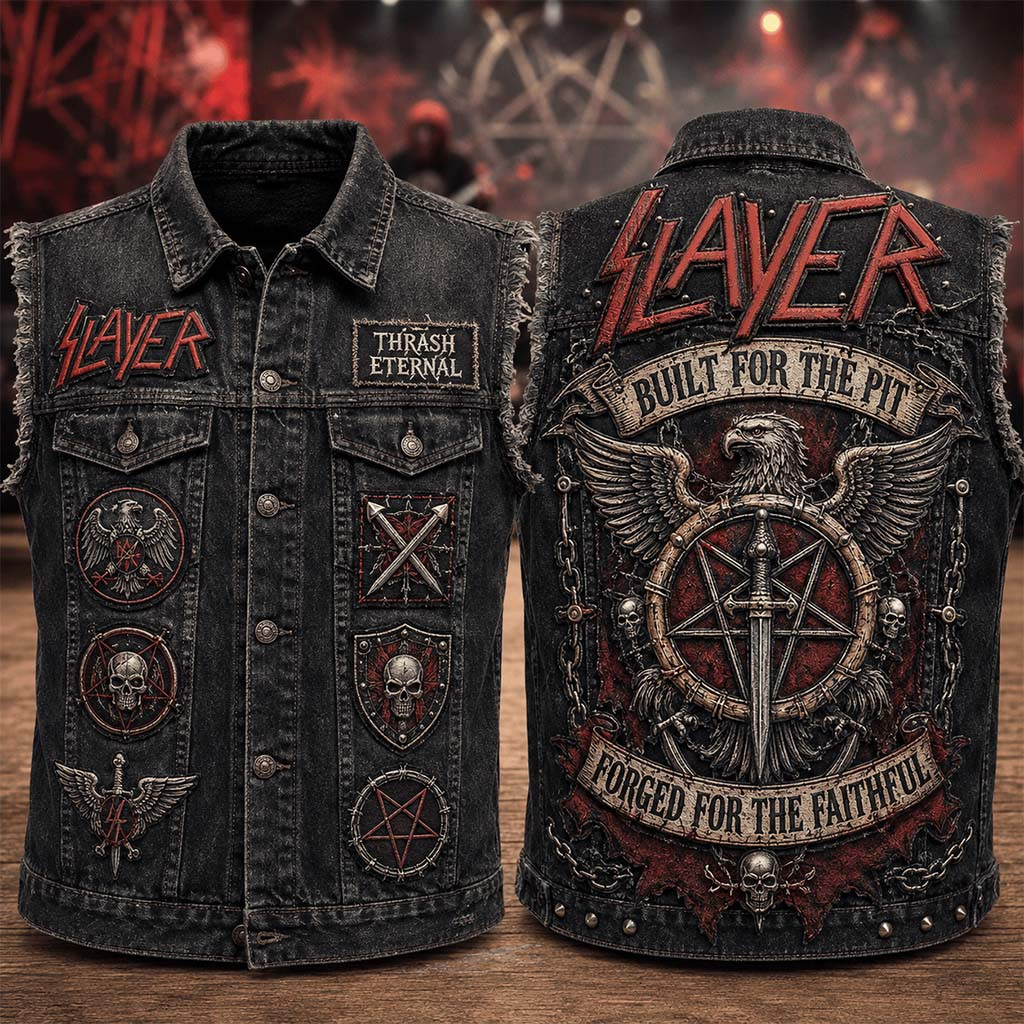 Slayer Built For The Pit Forged For The Faithful Denim Vest Slayer Merch Gifts For Dad - Kdjoy