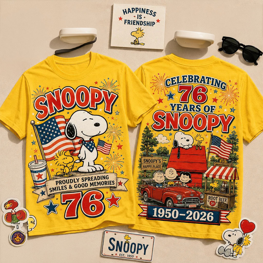 Snoopy 76th Anniversary Patriotic Yellow T-Shirt Snoopy Merch Gifts For Friends - Kdjoy Snoopy 76th Anniversary Patriotic Yellow T-Shirt Snoopy Merch Gifts For Friends - Kdjoy