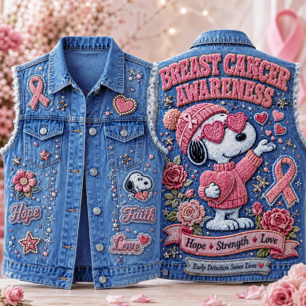 Snoopy Breast Cancer Awareness Denim Vest Hope Strength Love Merch Gift For Cancer Warriors - Kdjoy