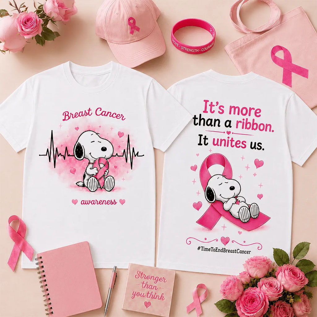Snoopy Breast Cancer Awareness Heartbeat T-Shirt Snoopy Merch Gifts For Wife - Kdjoy Snoopy Breast Cancer Awareness Heartbeat T-Shirt Snoopy Merch Gifts For Wife - Kdjoy