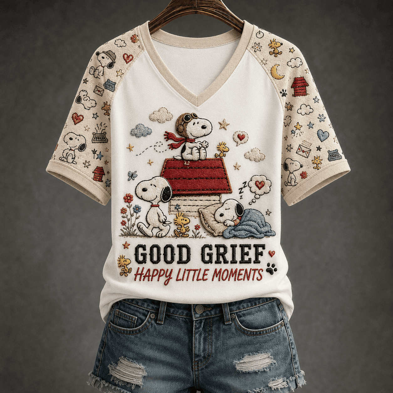 Snoopy Good Grief Happy Little Moments V-Neck Shirt Cute Cartoon Character Apparel Women's - Kdjoy Snoopy Good Grief Happy Little Moments V-Neck Shirt Cute Cartoon Character Apparel Women's - Kdjoy