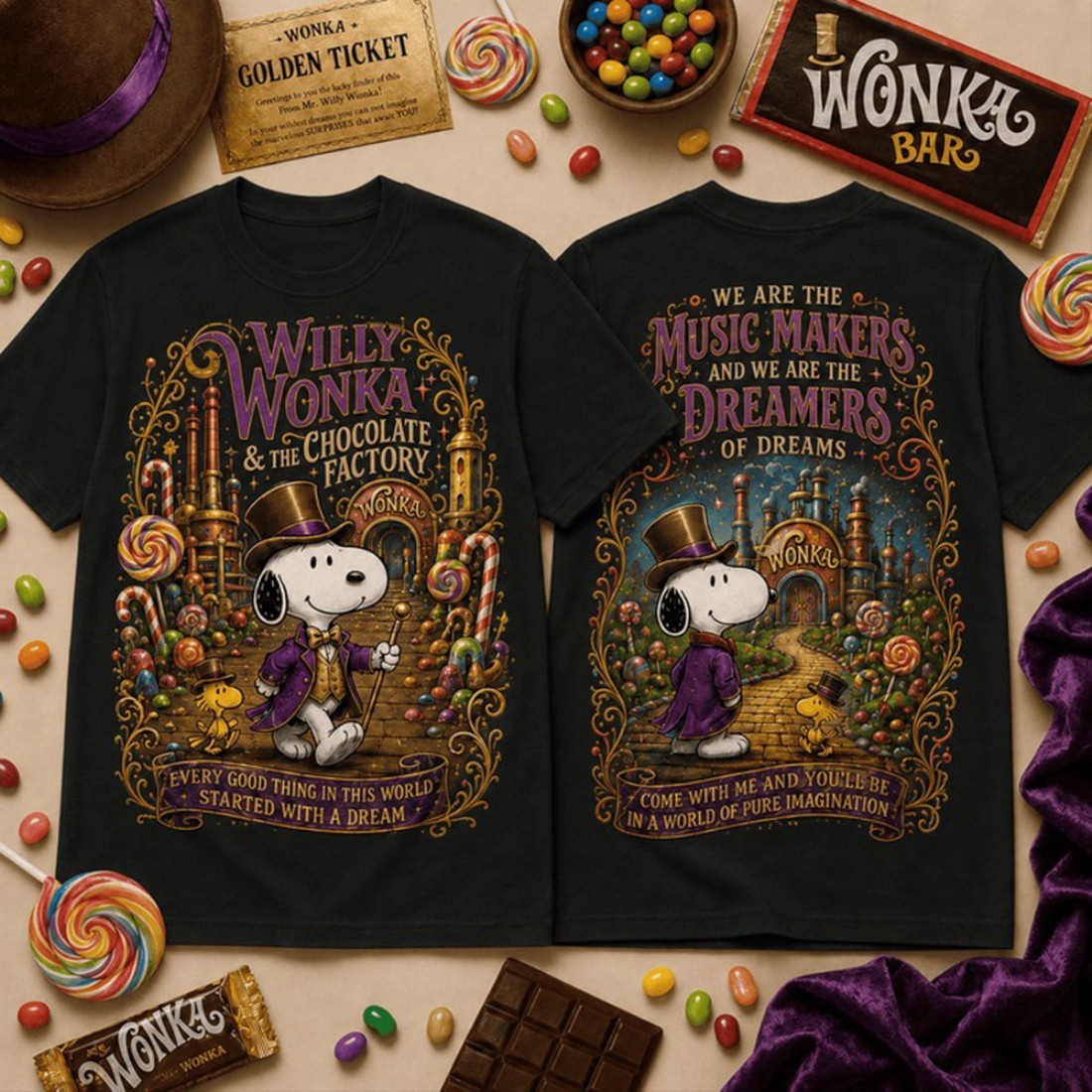 Snoopy Willy Wonka Chocolate Factory Shirt Candy Movie Snoopy T-Shirt Gifts For Fan - Kdjoy