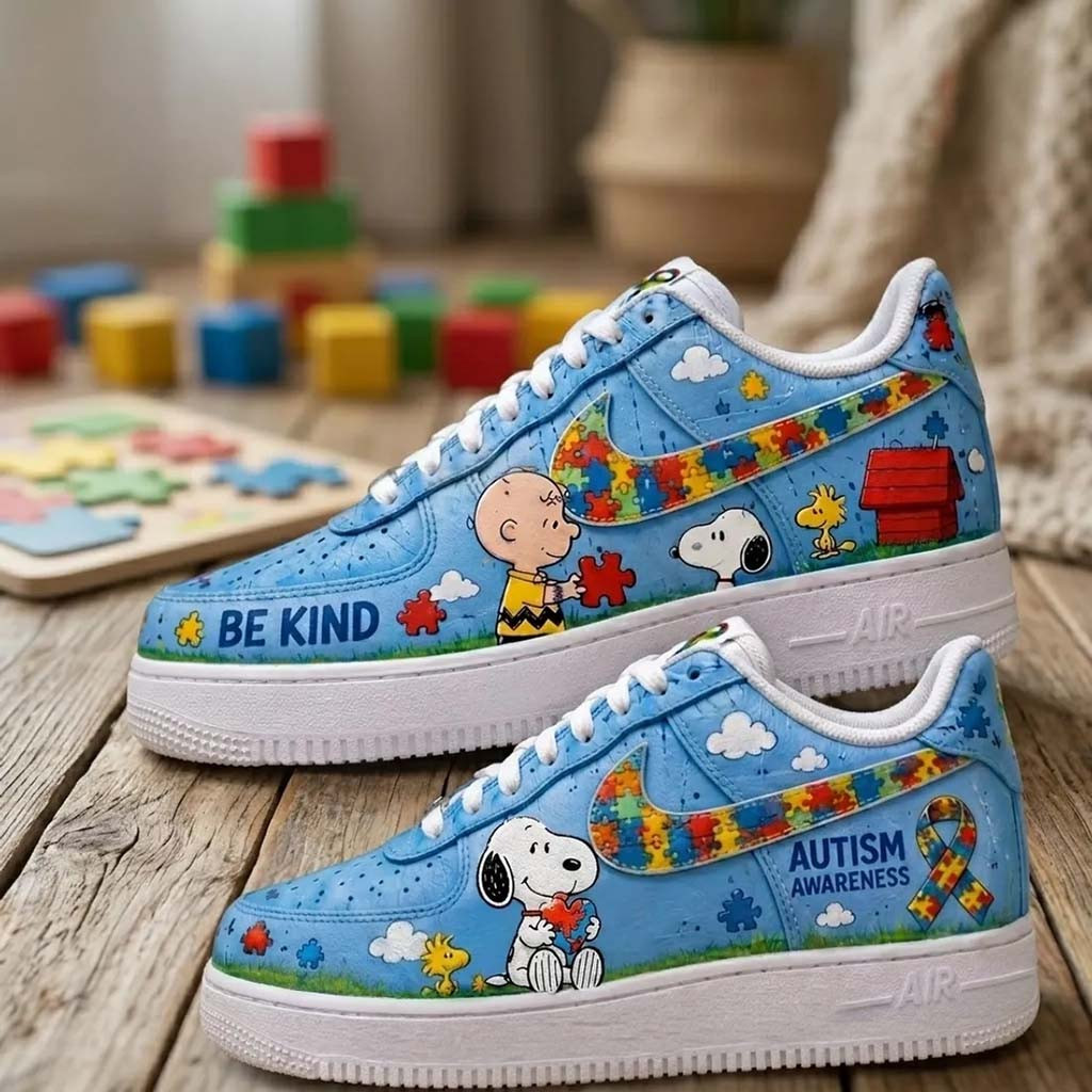 Snoopy X Autism Awareness Blue Sneakers Be Kind Shoes Present For Autistic Person