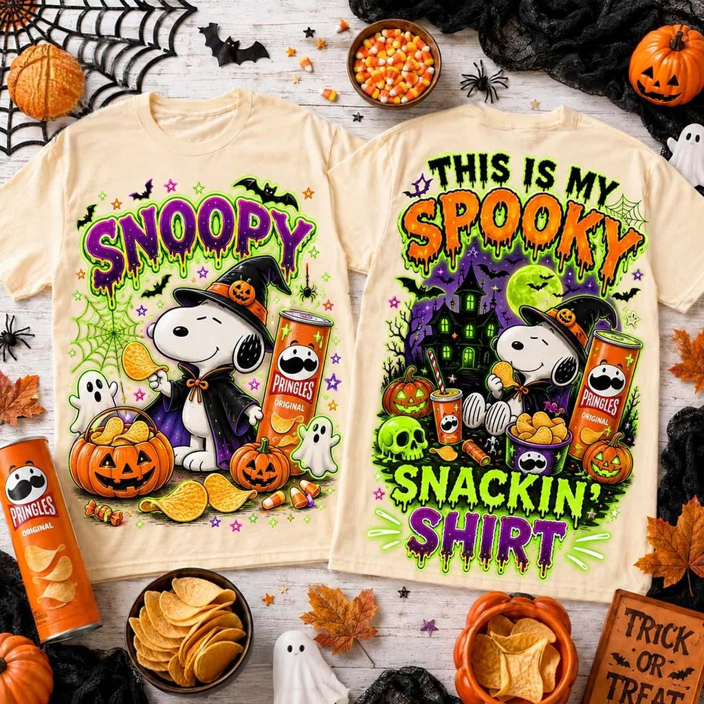Snoopy X Pringles Halloween This Is My Spooky Snackin' T-Shirt Spooky Season Outfits BFF Gifts - Kdjoy