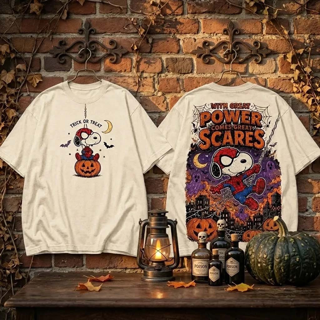 Snoopy X Spider-Man Halloween T-Shirt With Great Power Comes Great Scares Tee Halloween Gifts - Kdjoy Snoopy X Spider-Man Halloween T-Shirt With Great Power Comes Great Scares Tee Halloween Gifts - Kdjoy