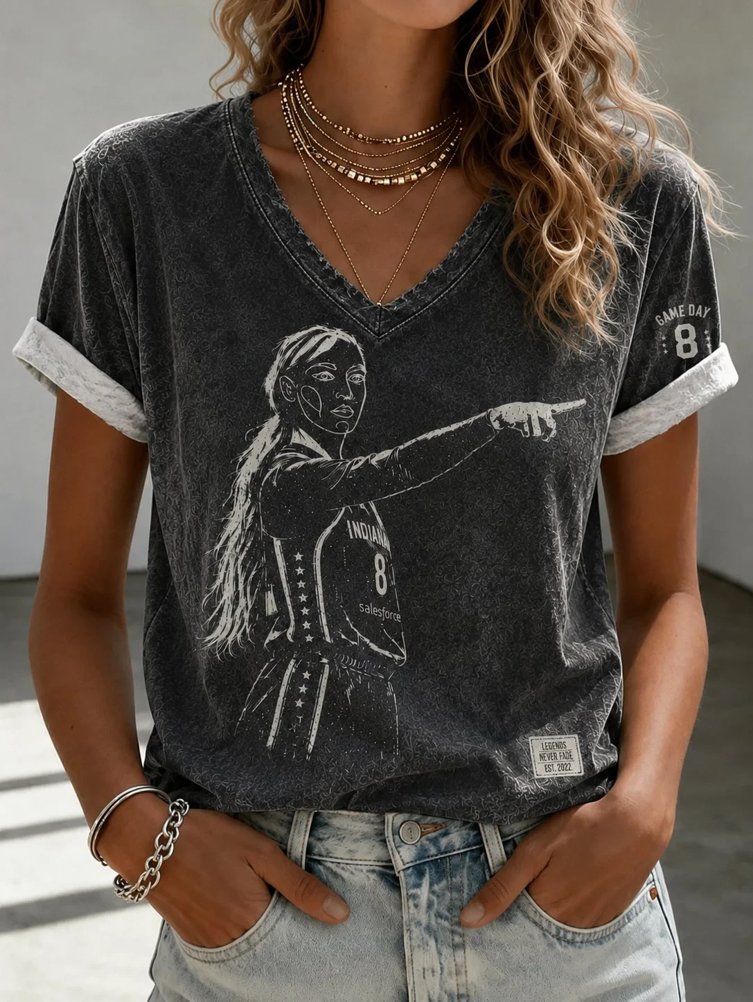 Sophie Cunningham Pointing V-Neck Shirt #8 Indiana Fever Merch Game Day Apparel Women - Kdjoy Sophie Cunningham Pointing V-Neck Shirt #8 Indiana Fever Merch Game Day Apparel Women - Kdjoy