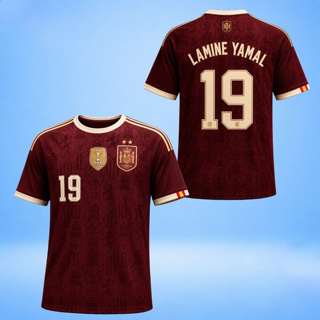 Spain FIFA World Cup 2 Star Away Jersey Lamine Yamal #19 Shirt Gifts For Spain Fan - Kdjoy Spain FIFA World Cup 2 Star Away Jersey Lamine Yamal #19 Shirt Gifts For Spain Fan - Kdjoy