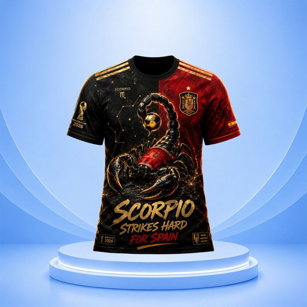 Spain X Zodiac FIFA World Cup 2026 Scorpio Strikes Hard For Spain Soccer Shirt Gifts For Fans - Kdjoy Spain X Zodiac FIFA World Cup 2026 Scorpio Strikes Hard For Spain Soccer Shirt Gifts For Fans - Kdjoy