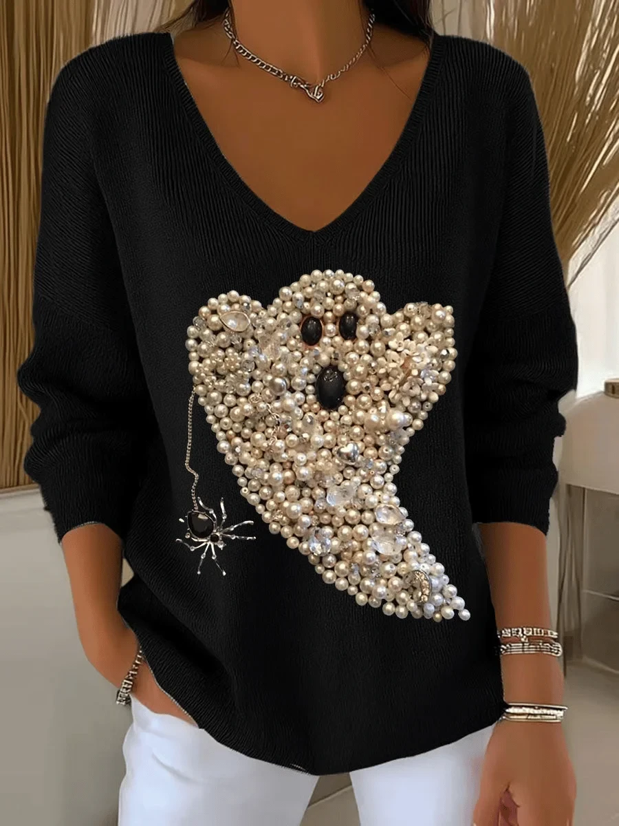 Sparkle Ghost Pearl Beads V-Neck Long Shirt Cute Halloween Shirts Gift For Trendy Women - Kdjoy