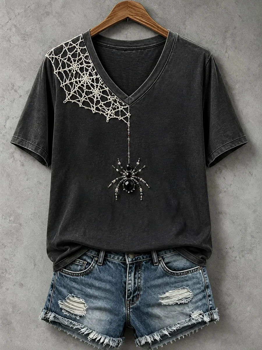 Spider Jewelry Art V-Neck Shirt 2026 Halloween Themed Apparel Gift For Spider Lovers - Kdjoy