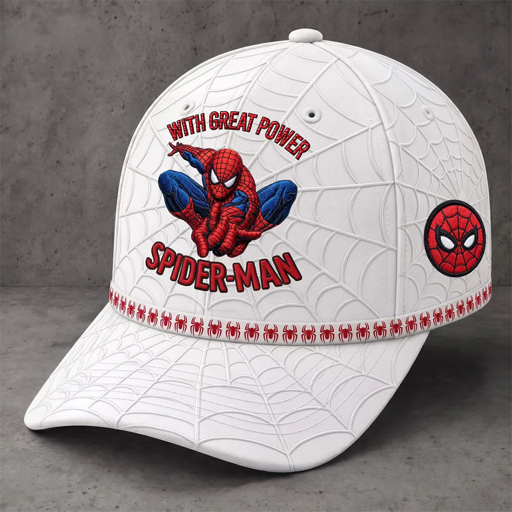 Spider-Man With Great Power White Baseball Cap Spider-Man Merch Gifts For Movie Fan - Kdjoy Spider-Man With Great Power White Baseball Cap Spider-Man Merch Gifts For Movie Fan - Kdjoy