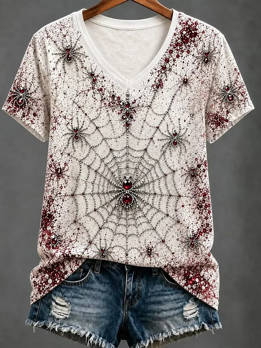Spider Web Halloween V-Neck Shirt Gothic Jeweled Spider T-Shirt Spooky Vampire Gifts Ideas' - Kdjoy